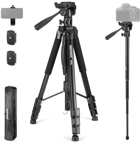NEEWER Basics TP05 74 Video Tripod Monopod, 3 Way Pan Tilt Head Holder Compatible with DSLR, Travel Recording Stand, Overhead Camera Mount, Crossbar, 17.6lb Load