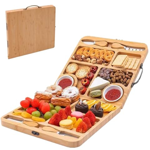 Bambu ostbräda, stor vikbar ostbräda med ostknivsset, trä serveringsbricka karaffär bricka, osttallrik, present till bröllop och brudfest