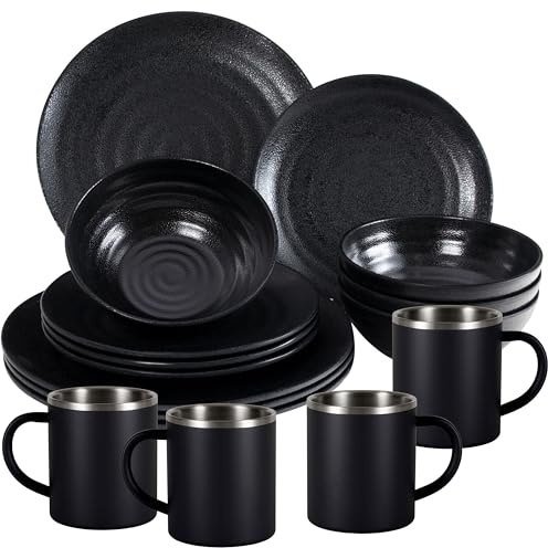 Melamin Geschirr Set Schwarz 4 Personen 16 Teile Edelstahl Thermo Tassen
