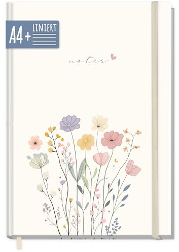 Häfft paper&you® A4+ Anteckningsbok med linjerad Flower Joy | 156 linjerade sidor, 100 g/m² papper och gummiband - idealisk som dagbok, för listor och anteckningar