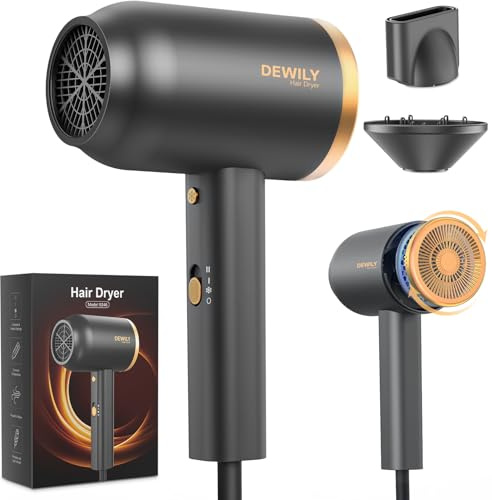 DEWILY Asciugacapelli ionico con diffusore –1800W per un’asciugatura rapida con tasto caldo/freddo, asciugacapelli con diffusore termoregolato, 3 livelli di calore, 2 velocità,Oro e Nero