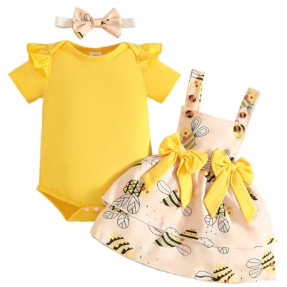 JENJON Conjunto Ropa Bebé Niña Manga Corta Con Volantes Con Estampado Corazones Top + Falda Vestido Con Tirantes 3 Piezas Trajes de Verano San Valentín Abeja amarilla 3-6 Meses