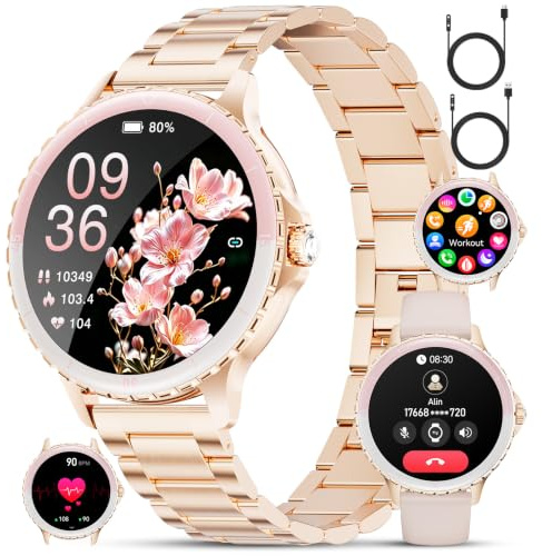 LIGEON Montre Connectée Femme Ronde, 1,27 Smartwatch Femme avec Appel Bluetooth, Montre Intelligente Santé Féminine Fréquence Cardiaque SpO2 Sommeil Montre Fitness Podomètre, Or Rose