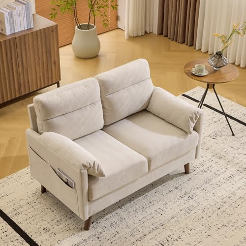VINGLI Small Sofa, 2 Seater Sofa with Thick Cushion and Deep Seat, Beige | Cozy Loveseat with Storage Pocket, Sturdy Legs and Elephant‑Ear Armrests, Compact Sofa for Bedroom, Apartment, Chenille