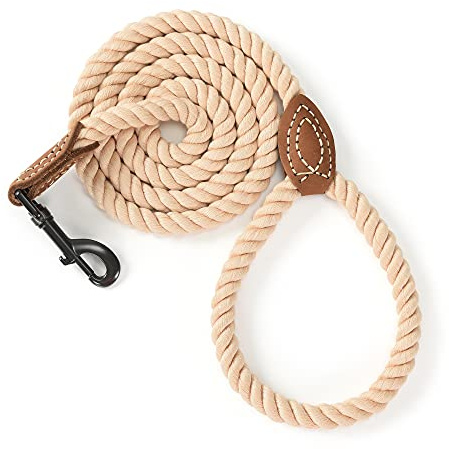 Mile High Life Dog Leash, Braided Cotton Rope Leashes with Leather Tip - Heavy Duty Metal Clasp, 5FT, 1/2 Thick - Wedding, Walking & Training Leash for Small Medium Large Dogs (Light Brown)