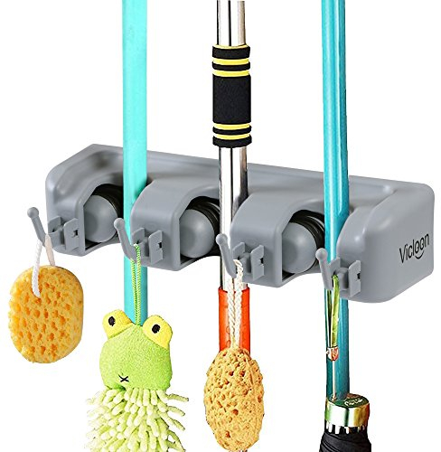 Vicloon Broom Mop Holder Tidy Organizer, Wall Mounted Organizer with 3 Position 4 Hooks for Brush Mop and Broom Tool Storage