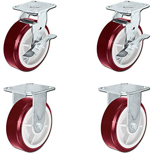 CasterHQ - 6 Heavy Duty Polyurethane Wheel | Includes 2 Swivel Casters with Top Locking Brakes and 2 Fixed Casters - Non Marking - 900 lbs Per Caster - Set of 4 | Great for Toolbox Casters