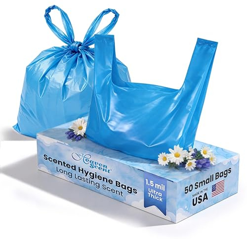 Heaven Scent Hygiene Bags 1.5MIL ULTRA-THICK Discreet Waste Disposal | MADE IN THE USA | Mild Baby Powder Scented Trash Bags for Adult Briefs & Feminine Products - Small, 50 Bags