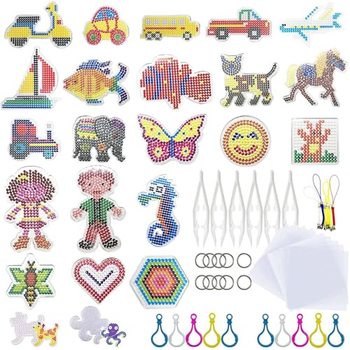Allazone 5 mm 54 PCS Fuse Beads Boards, 23 Pack Clear Plastic Pegboards with White Beads Tweezers, Ironing Paper, Colorful Keychain and Polyester Lanyard for Craft Supplies, Mix Style