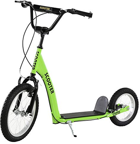 Aosom Youth Scooter Kick Scooter for Kids 5+ with Adjustable Handlebar 16 Front and 12 Rear Dual Brakes Inflatable Wheels, Green