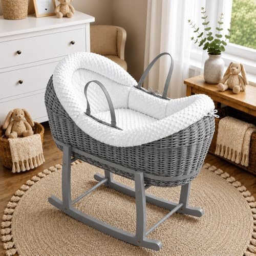 For Your Little One Pod Grey Wicker Moses Basket With Rocking Stand & Mattress - White Dimple
