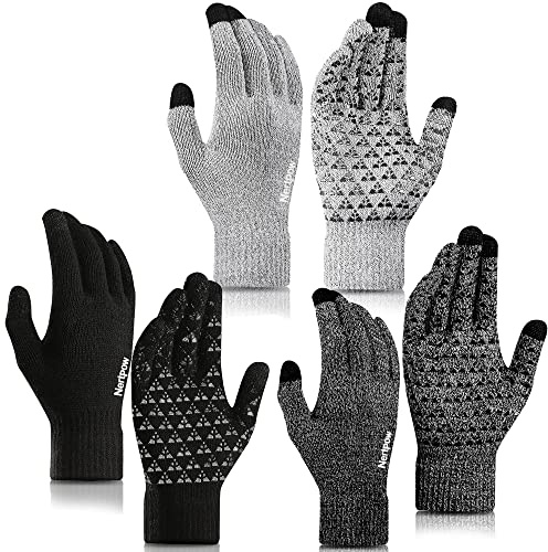 Nertpow Winter Gloves Touchscreen Gloves 3 Packs, Knit Anti-slip Gloves for Men and Women with Warm Fleece Lined (Black, Black White, Soft Gray, White L)