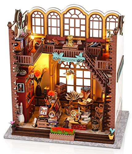 Cuteefun gör-det-själv miniatyrdockhus kit, trä dockhus kit med LED-ljus, handgjorda hantverk för vuxna tonåringar att bygga, skapa din egen drömhusmodell (magiskt bokrum)