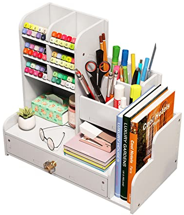 Notwoe Organizer da scrivania con cassetto, portapenne versatile, bianco per casa, ufficio e scuola (bianco-D)