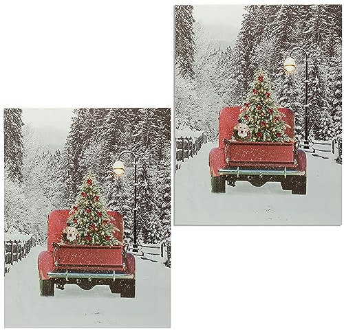 BANBERRY DESIGNS LED Lighted Red Pick-Up Truck Canvas Print - Illuminated Picture with Winter Scene and Vintage Red Pickup Truck Carrying a Christmas Tree Wall Light Up - 2 Piece Set