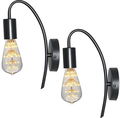 YSGUYILT Lampada da Parete Interna Vintage 2 Pezzi Applique Parete Curva Industriale Retrò Illuminazione da Parete Prese Lampada In Metallo con E27 per Bagno Camera da Letto Soggiorno Corridoio-Nero