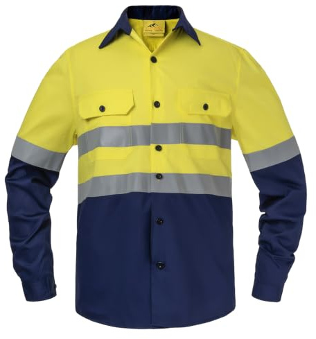 Yukirtiq Camisa de Trabajo para Hombre Camisetas y Polos Alta Visibilidad Camisa de Trabajo Manga Larga Botones Algodón Camisa con 2 Bolsillos, Amarillo, XXL