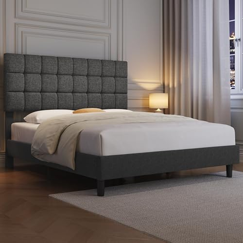 Yaheetech Marco de Cama Tapizada de 160 x 200 cm Camas de Matrimonio con Cabecero Regulable en Altura Estructura Estable con Listón de Madera, Color Gris Oscuro