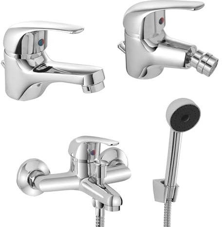 Set rubinetti bagno in ottone cromato lavabo bidet e vasca con kit doccia, scarico automatico incluso per lavabo e bidet, serie KANT
