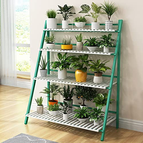 Plant Stand 4 Tier Ladder Plant Shelves, Folding Flower Pot Holder Garden Display Shelf 4 Colors Flower Pot Stands Bamboo Holder Planter Display Shelf for Home Garden Patio Balcony Étagère À Plantes