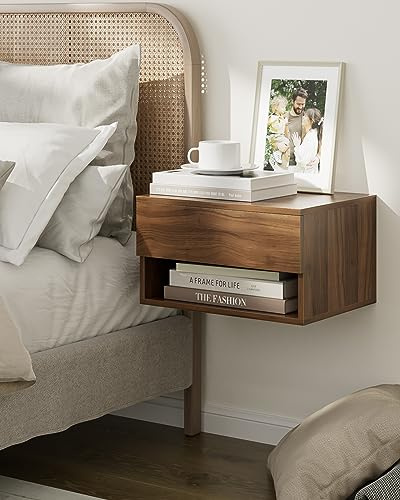 HEYZOEY Floating Bedside Table,Night Stand Small Modern Floating Nightstand with Drawer,Walnut