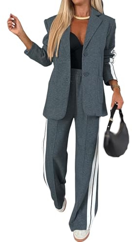 Nbzsmlkn 2 Piece Casual Set with Blazer and Joggers for Women,Women's Lapel Long Sleeve Casual Suit,Oversized Jacket Wide Leg Pants Suits Notch Lapel Loose Fit Sets (Dark Gray,L)