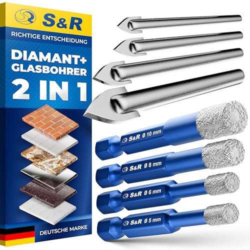S&R Diamantborrsats 8 stycken, 4 x diamantborrar 5, 6, 8, 10 mm, 4 x YG8 karbid hårdmetallborr 4, 5, 6, 8 mm, för hård keramik, kakel, granit, glas, porslin, marmor, porslin stengods, i rund låda