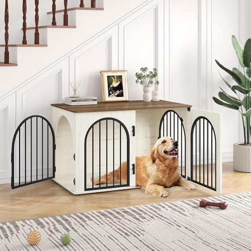 Hzuaneri 100cm Jaula para Perros, Mesa Auxiliar, casa Moderna para Perros, Jaula Perro Grande para Casa de Madera, dúplex para Animales, 3 Puertas, Puerta arqueada, 60 x 100 x 63 cm, Blanco y Marrón