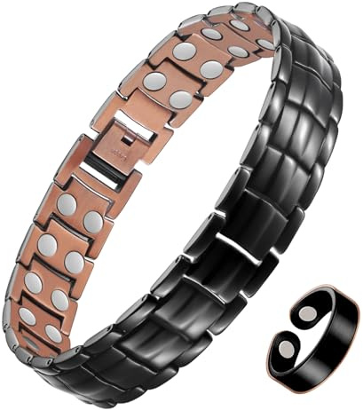 Jecanori 99.9% Copper Bracelet for Men with Ultra Strength Magnets,Effective Mens Magnetic Bracelet and Copper Ring,Adjustable Bracelet Length with Tools and Gift Box(Double row black)