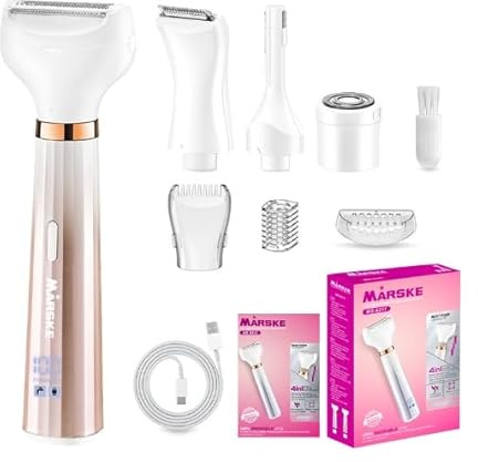 PKBD 4 in 1 Lady Shavers for Women with LED Battery Display, Facial Hair Remover for Women, Electric Razor for Body, Legs, Pubic Hair, IPX6 Waterproof & Rechargeable, Portable Wet and Dry, Pink/Gold