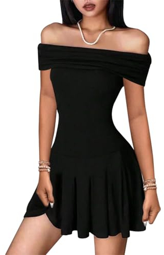 AOWVUTS Vestido Sexy Mujer Vestido Corto Bodycon con Hombro Descubierto Mini Vestidos Sin Mangas Elegante Elasticidad Vestidos A-línea Ruched Verano para Fiesta Cóctel Noche Playa Club Casuales