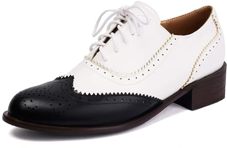 SHEMEE Chunky Low Heels Oxfords for Women Vintage Wingtip Two-Tone Lace Up Creeper Shoes Multicolored British Oxford Brogues Perforated Saddle Pumps Leisure Party Derby Shoes Black,Size 11