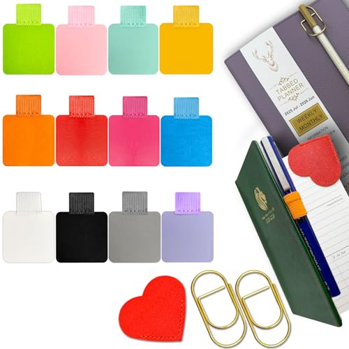 Pen Loop Holder for Notebook 12 Colors Self-Adhesive Stick On Pen Holder with Extra 2 Pens Clips 1 Leather Bookmarks As COMBO for Planner Journal Tablet Clipboards Calendars Bible Campus School Office