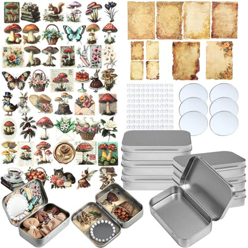 Kathfly 73 Pcs Metal DIY Personalize Tin Case Craft Kit with Mushroom Stickers Mirrors Decor Metal Silver Hinged Tin Box with Lid Small Storage Container Kit Container Mini Portable for Jewelry Candy