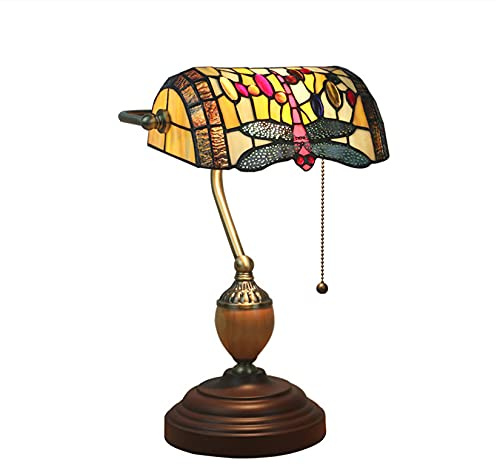Lámpara de banquero con pantalla de vidrio de colores, diseño de libélula, para mesa o escritorio, estilo victoriano vintage, decoración, mesita de noche, sala de estar, dormitorio, regalo hecho a ma