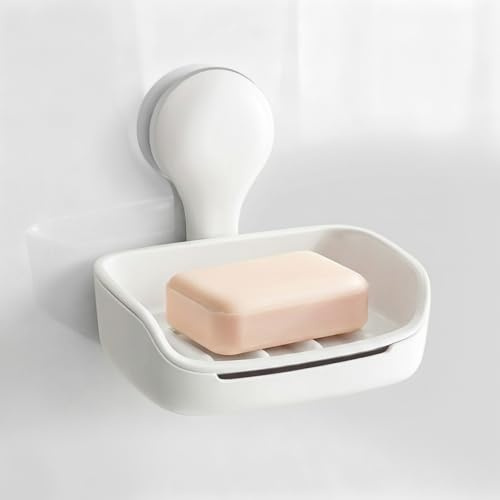 PAVSTINE Seifenschale ohne Bohren mit Ablauf, Seifenhalter Dusche mit Saugnapf, Seifenablage, Soap Holder Wandmontage, Seifenschalen Kunststoff für Badezimmer und Küchenspüle, Weiß