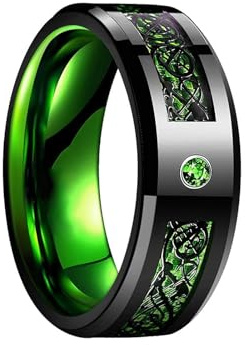 GAUEIOUR Black Tungsten Ring Mens Wedding Rings,Men's Black Stainless Steel Ring with Green Gem,Celtic Dragon Tungsten Carbide Stylish Jewelry for Everyday Wear or Special Occasions (Size 7)