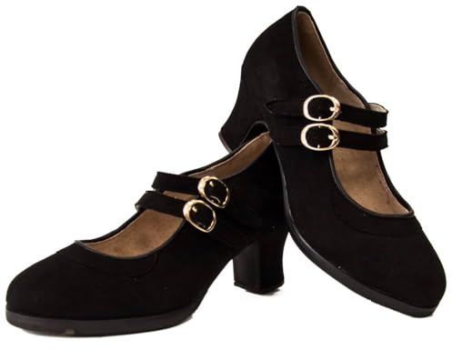 El Rocio desde 1980 Zapatos de Flamenco de Dos Correas en Ante y Doble Suela (Negro, Sistema Tallas Calzado EU, Adulto, Mujer, Números, Mediano, 36)