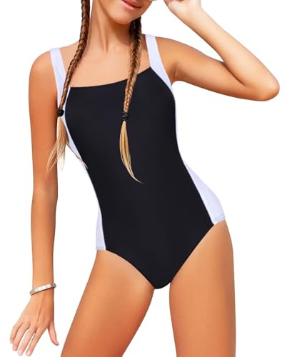 InfiniZer Girls One Piece Swimsuit Swimming Costume Body Bathing Suit Swim Suit with Adjustable Straps for Kids Teenager Age 5-16 (UK, Age, 13 Years, 14 Years, Regular, Black-White)