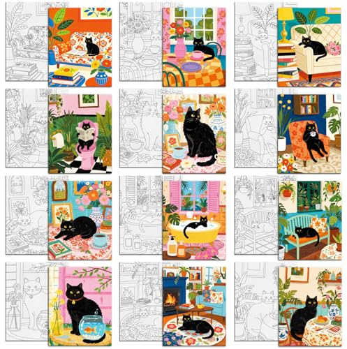 MAYJOYDIY 12 Pcs Cat Flower Pre Drawn Canvas to Painting Bathtub Garden Bench Pre Printed Canvas for Adults 25×20cm Floral Tea Table DIY Paint Art Board Supplies for Beginners, Party Favor