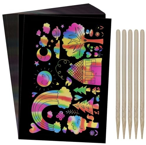 KIPTVO 50PCS Scratch Art, Rainbow Scratch Paper Black Doodle Pads, Rainbow Scratch Notes, Scratch Art Paper, Scratch Painting Paper Paper Set, for Christmas, Thanksgiving