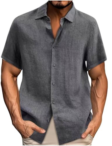 Chemise d'été à manches courtes en lin pour homme, chemise à manches courtes en coton et lin, chemises de pêcheur surdimensionnées décontractées et légères, chemises sans manches en lin fin, 02 gris