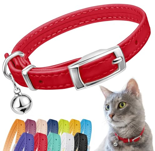 CollarDirect Collier pour Chat et Chaton en Cuir, Collier de Sécurité avec Sangle Elastique et Cloche Noir Bleu Rouge Orange Vert Lime (Rouge, 15-18 cm)