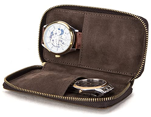 CONTACTS Genuine Leather Travel Watch Case Organizer Jewelry 2 Slots Watch Pouch Multifunctional Portable Protective Sleeve Box Vintage (Coffee-CF1114)