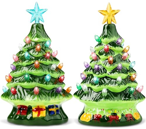 JOIEDOMI 2 Pcs 7 Ceramic Christmas Tree with Candy and Gift Box Design, Mini Prelit Tabletop Christmas Tree with Extra Blue Top Star & Bulbs for Good Desk Decoration