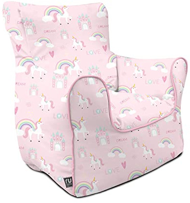 rucomfy Beanbags Unicorn Castle Childrens Armchair Bean Bag. Pastel Pink Rainbow Recliner Chair for Kids Comfort Support. Pre Filled Durable Machine Washable - L45 x W52 x H64cm (Beanbag Only)