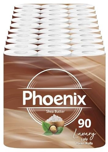 Phoenix Toilet Rolls – 90 Pack | 3 Ply Shea Butter Scented Toilet Paper | Bulk Buy, Soft, Quilted, Sustainably Sourced, Eco- Friendly Luxury Bathroom Tissue