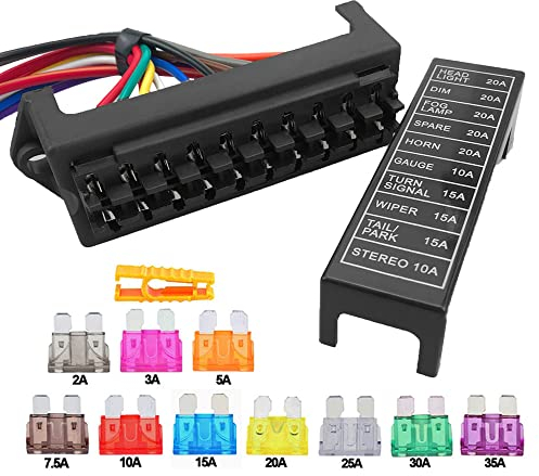 Aiqeer 10 Vie Blocco Fusibili a Lama per Auto, 2 Ingressi 10 Uscite Portafusibili a Lama Standard, Scatola Fusibili Standard con Precablato, e 10 Pezzi Fusibili a Lama (12V / 24V / 32V / 48V)