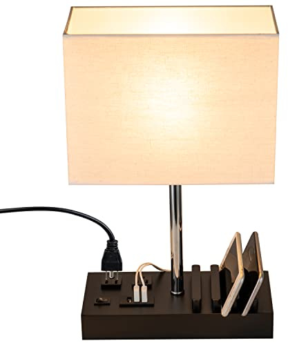 Briever Upgraded 3 USB Table Lamp with 2 USB A & C Charging Ports, Bedside Desk Lamp with 2 AC Outlets and Wooden Phone Stand Organizer, Ideal Nightstand Lamp for Bedroom, Guest Room, Office