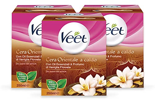 Veet Cera allo Zucchero con Olii Essenziali e Profumo di Vaniglia, 3 Confezioni da 250 Millilitri di Cera e 12 Strisce Riutilizzabili